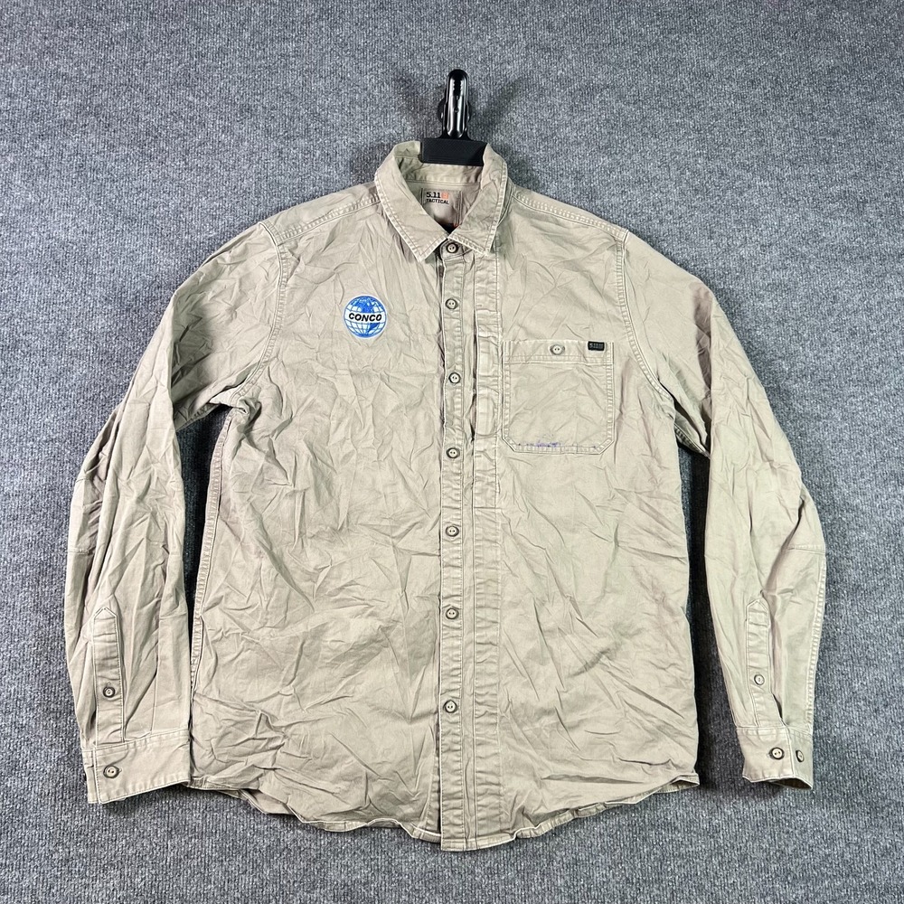 5.11 Tactical Shirt Mens Medium Tan Khaki Button Front Conco Patch Work Utility